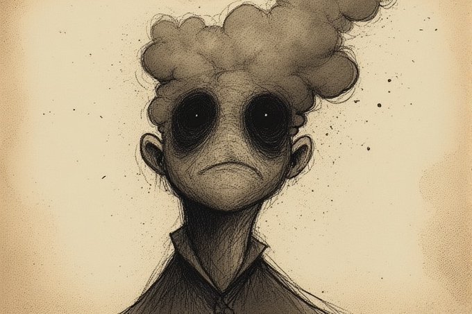 A creepy pencil sketch illustration of a sad figure with a cloud-like head and large, dark, hollow eyes on a beige background.