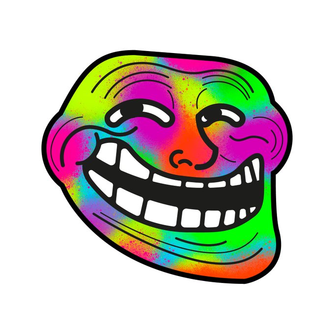 A colorful psychedelic trollface illustration in vibrant pink, green, yellow, and blue hues with a wide, toothy grin.