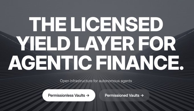 Promotional banner with text 'THE LICENSED YIELD LAYER FOR AGENTIC FINANCE. Open infrastructure for autonomous agents' featuring buttons for 'Permissionless Vaults' and 'Permissioned Vaults'.