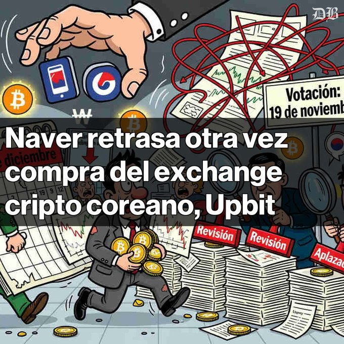 Illustration with Spanish text 'Naver retrasa otra vez compra del exchange cripto coreano, Upbit,' showing a hand grabbing a smartphone and cryptocurrency coins amid tangled red arrows, documents, and the South Korean flag.