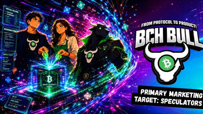 A promotional graphic featuring anime-style characters with a 'BCH BULL' logo, Bitcoin symbol, and text reading 'FROM PROTOCOL TO PRODUCT!' and 'PRIMARY MARKETING TARGET: SPECULATORS'.
