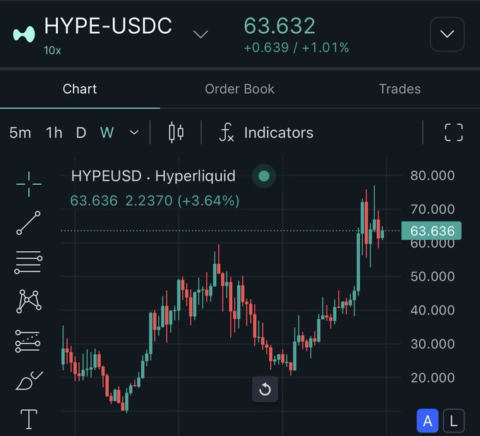 The image shows a trading chart for HYPE-USDC on Hyperliquid, currently priced at $63.632 (+1.01% in the short term, +3.64% weekly), with the asset rallying from ~$20 to ~$80 on the weekly timeframe. The post ties in by promoting HYPE as a core portfolio holding, emphasizing that its current sub-$100 price won't last and that a move to "three digits" is the next likely magnet.