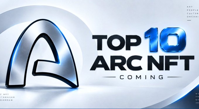 A promotional graphic featuring a metallic silver "A" logo on the left, with bold blue and black text reading "TOP 10 ARC NFT COMING" against a sleek white and blue background. Additional text in the corners includes "ART PEOPLE CULTURE ONCHAIN" and partial phrases like "STRONGER MORROW," matching the post's announcement of upcoming ARC NFT projects to watch for potential gains.