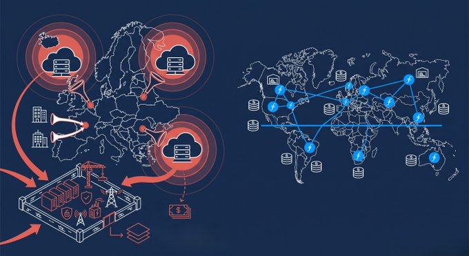 A digital illustration showing a world map with red cloud server icons over Europe being targeted by arrows, alongside a blue map overlaid with interconnected data nodes and lightning bolts symbolizing decentralized Filecoin infrastructure. The visuals contrast centralized cloud provider dependencies (AWS, Azure, Google controlling 60% of Europe's non-EU-dominated market) with Filecoin's globally distributed, jurisdiction-spanning network offering uniform pricing.