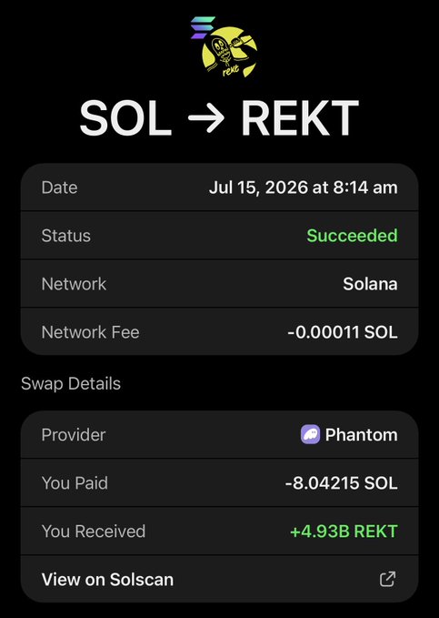 A screenshot of a cryptocurrency swap confirmation showing a successful transaction converting -8.04215 SOL to +4.93B REKT on the Solana network via Phantom wallet, dated July 15, 2026.