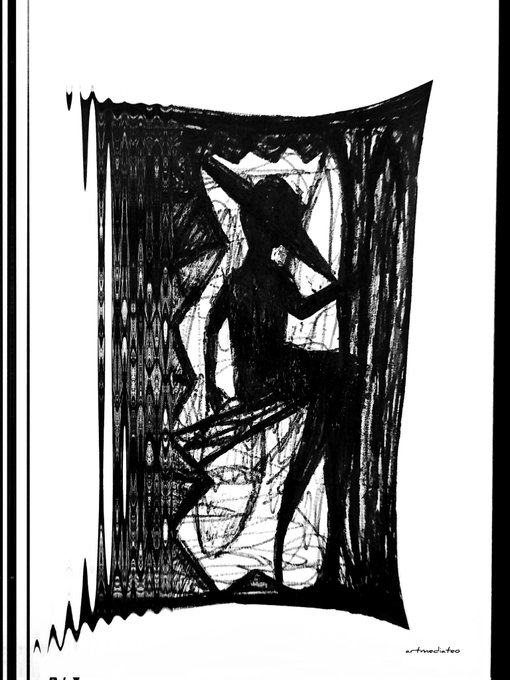 A black ink sketch of a slender silhouette figure wearing a wide-brimmed witch hat, standing within a doorway or frame rendered in heavy, dark strokes.