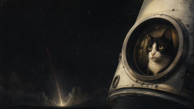A digital artwork showing a black and white cat looking through the round porthole window of a space capsule, with a dark cosmic background and a rocket launch visible in the distance.