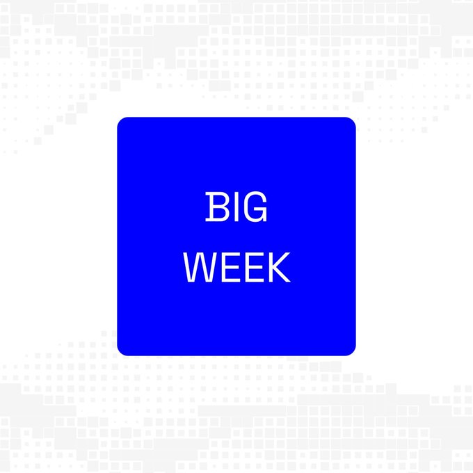 The image features a square blue button with white text that reads "Big Week" at the bottom of the frame, surrounded by small squares or dots. The background consists of a patterned gray and white color scheme. The caption below the button states "Good Morning Base keeps growing stronger every single day More builders are joining the ecosystem, more users are coming onchain, and the future of Web3 on @baseapp looks massive Fast, cheap, and communityvdriven that's why people love @base".
