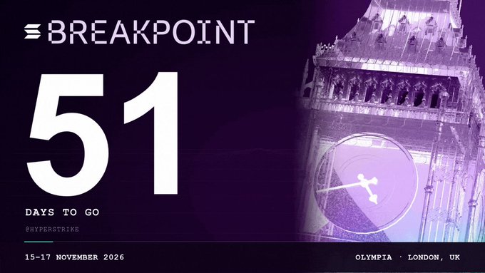 A purple promotional graphic for 'BREAKPOINT' showing '51 DAYS TO GO' for the event on '15-17 NOVEMBER 2026' at 'OLYMPIA · LONDON, UK' with Big Ben in the background.