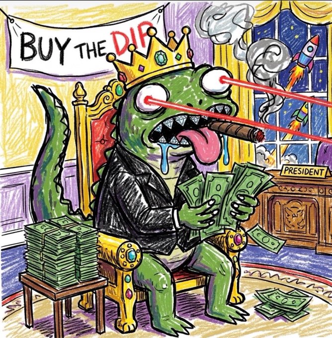 A cartoonish green lizard wearing a crown, suit, and cigar sits on a throne holding stacks of cash, with a "BUY THE DIP" banner hanging behind and a "PRESIDENT" desk nearby, humorously portraying a "Lazi Lizard" meme president encouraging investors to buy the dip—tying into the MemeCoin Monday post promoting the $Lazi token.
