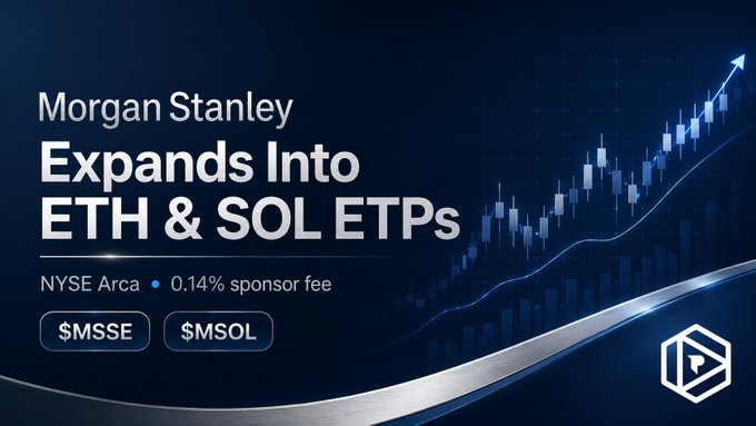 A promotional graphic with a dark blue financial chart background announcing 'Morgan Stanley Expands Into ETH & SOL ETPs', listing a 0.14% sponsor fee for $MSSE and $MSOL on NYSE Arca.
