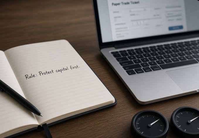 A notebook with handwritten text 'Rule: Protect capital first.' sits on a wooden desk next to a laptop showing a paper trade ticket, a pen, and two gauge dials.