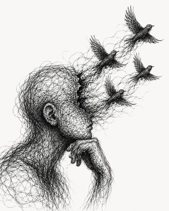 A black ink scribble-style illustration of a contemplative figure in profile with their hand on their chin, where birds appear to emerge from where the face should be, flying outward into wispy line trails.