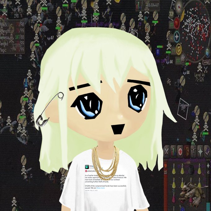 An anime-style character with pale yellow-green hair, large blue eyes, a black bar mouth, and gold chain necklaces wears a white t-shirt featuring a tweet from @ANNOUC2 about a Binance hacker fund theft of $14M.