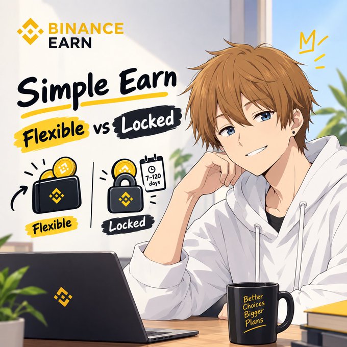 A Binance Earn promotional graphic titled 'Simple Earn: Flexible vs Locked' featuring an anime-style young man in a hoodie, comparing flexible (withdraw anytime) versus locked (7-120 days) earning options with BNB coin icons.