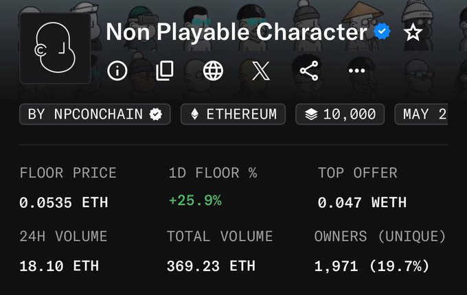 The image features a screenshot of an eBay auction page with a non-playable character character (NPC) in the center, displaying information such as floor price, total volume, and other details related to the auction. The text on the image reads "NPC New ATH Floor is now 0.053ETH". This message appears to be related to the post about the playerable character, possibly suggesting that a new version of the character has been released or updated in the eBay marketplace.