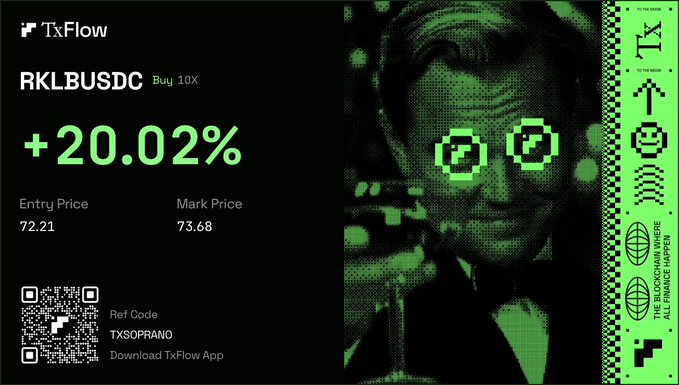 A promotional graphic for TxFlow showing RKLBUSDC with a +20.02% gain, entry price 72.21 and mark price 73.68, featuring a pixelated green-tinted image of JFK with cartoon pixel glasses, and ref code TXSOPRANO.