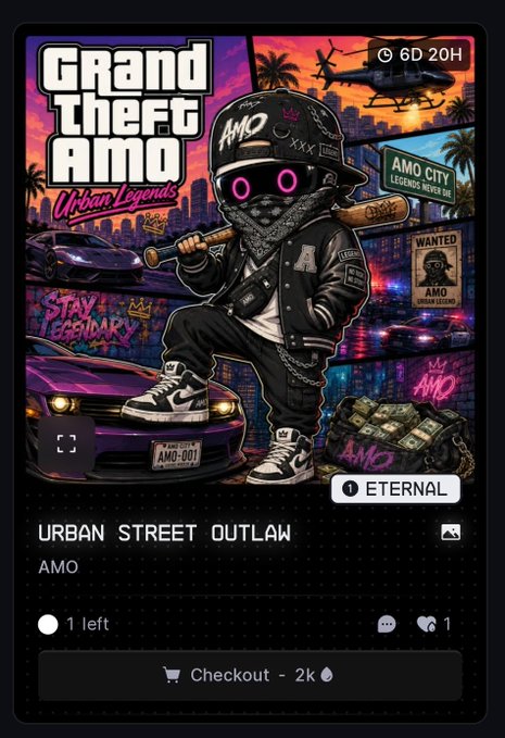 NFT listing card for an 'URBAN STREET OUTLAW' collectible titled 'Grand Theft AMO,' showing a masked figure with a bat, priced at 2K with only 1 left.