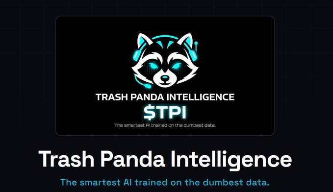 Promotional image for "Trash Panda Intelligence ($TPI)" featuring a stylized raccoon logo wearing headphones, with the tagline "The smartest AI trained on the dumbest data," advertising a presale of the $TPI token via a Solana wallet address.