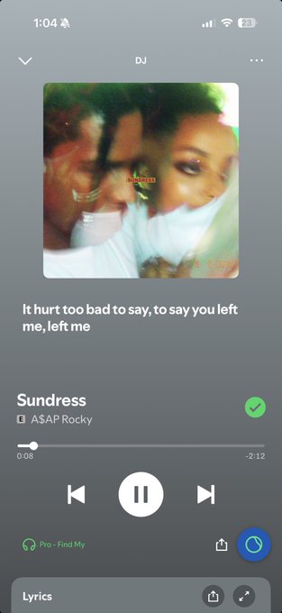 The image shows a Spotify music player displaying the song "Sundress" by A$AP Rocky, with lyrics "It hurt too bad to say, to say you left me, left me" visible on screen. The accompanying post about "NEET" coins seems unrelated to the music playback shown in the image.