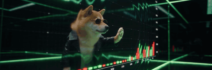 Meme-style image of a Shiba Inu dog with sunglasses and a leather jacket in front of a green stock chart and digital data displays, referencing cryptocurrency markets.