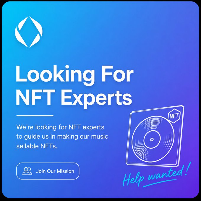 A blue and purple gradient graphic reading 'Looking For NFT Experts' and 'Help wanted!' with a 'Join Our Mission' button and an illustration of an NFT record.
