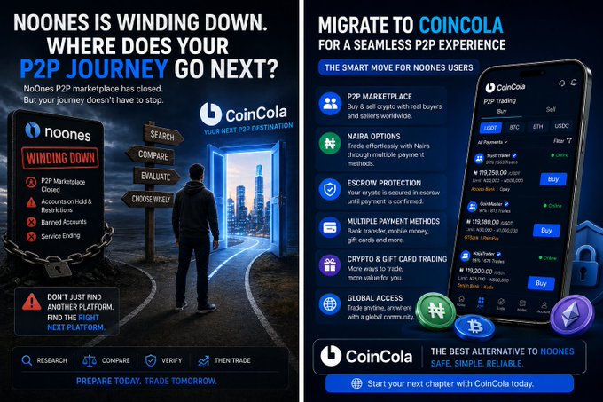A promotional graphic for 'CoinCola' advertising migration from 'noones' P2P marketplace, featuring a smartphone mockup showing trade options.