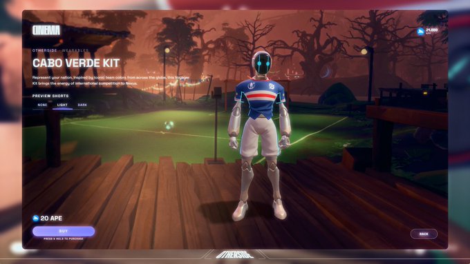 A video game store screen displaying the 'CABO VERDE KIT' outfit, featuring a character in a blue, white, and red soccer uniform with an astronaut helmet, priced at 20 APE.
