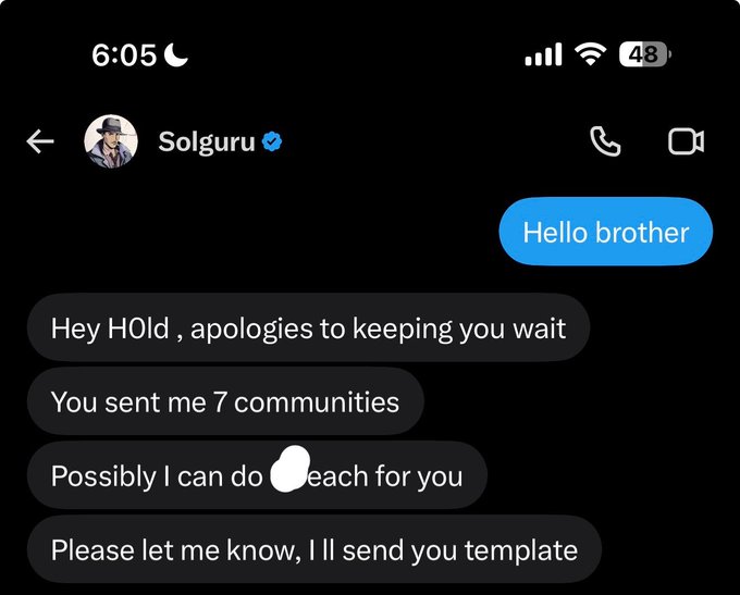 A Messenger conversation with "Solguru" shows messages saying "Hey HOId, apologies to keeping you wait," "You sent me 7 communities," "Possibly I can do each for you," and "Please let me know, I'll send you template," after a "Hello brother" greeting, illustrating the interaction referenced in the post celebrating a maximum allocation received.