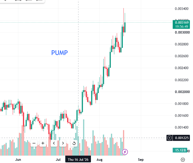 A candlestick chart showing a cryptocurrency's price action with the word 'PUMP' in blue text, displaying a strong upward trend from June through August with the current price at 0.003169.