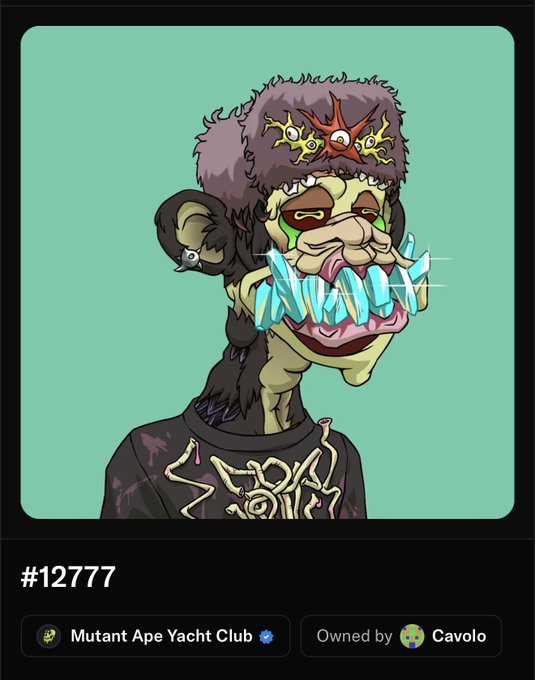 A stylized Bored Ape Yacht Club character wears icy blue teeth, a pirate-like hat, and a bone-patterned shirt. The image shows “#12777,” labeled “Mutant Ape Yacht Club,” owned by “Cavolo,” and relates to the post asking about the owner @BoredApeYC.