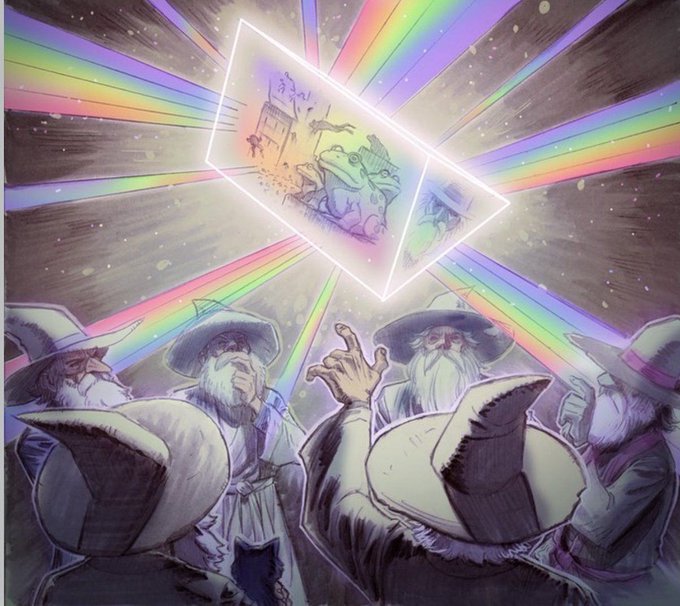 A fantasy illustration shows a group of wizards in pointed hats looking up at a glowing, translucent diamond-shaped portal projecting an image of a toad and a castle, surrounded by rainbow light beams.