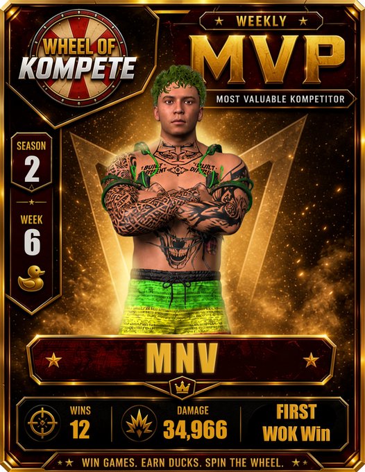 A 'WHEEL OF KOMPETE' weekly MVP card for Season 2, Week 6, featuring a character with green hair and tribal tattoos, displaying '12 WINS', '34,966 DAMAGE', and 'FIRST WOK Win'.