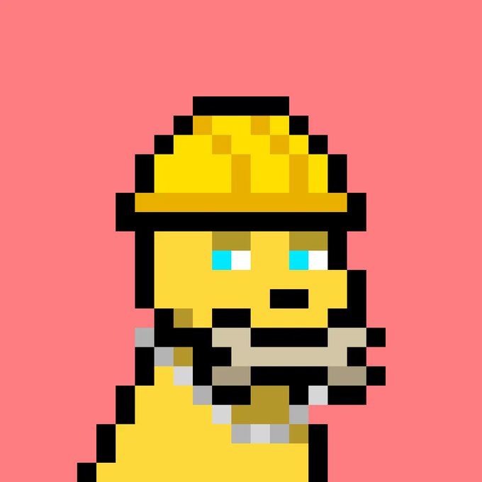 A pixel art character with cyan eyes and a mustache, wearing a tan hat and matching outfit, set against a pink background.