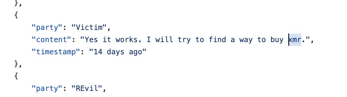 Code snippet showing a chat log entry where a 'Victim' party writes 'Yes it works. I will try to find a way to buy xmr.' with a timestamp of '14 days ago', followed by a 'REvil' party entry.