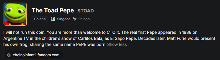 The image shows an X post from "The Toad Pepe" ($TOAD), in which the creator explicitly states they will not run the coin and invites others to CTO it, while sharing lore that the original Pepe appeared in 1988 on Argentine TV's children's show as "El Sapo Pepe," predating Matt Furie's version. The post directly corresponds to the accompanying text, which highlights this as the original Pepe origin story being pasted to promote the $TOAD meme coin narrative.