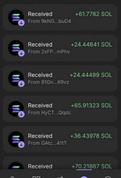 A mobile wallet screen showing multiple received transactions of Solana (SOL) tokens in green text, with amounts including +61.7782 SOL, +24.44641 SOL, +24.44499 SOL, +65.91323 SOL, +36.43978 SOL, and +70.21867 SOL from various sender addresses.