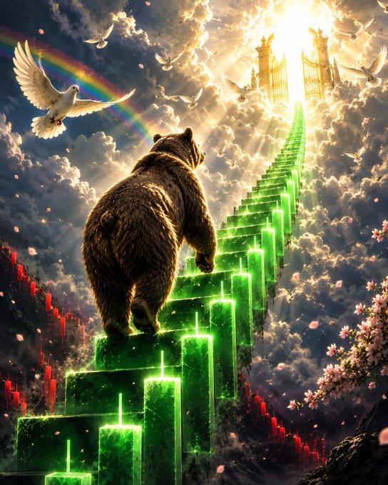 A bear climbs an ascending green stock chart staircase toward the gates of heaven, with doves and a rainbow overhead, symbolizing a bullish market trend (often referred to as a 'bull run').