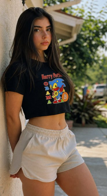 A young woman wearing a black 'Harry Potter' Sonic the Hedgehog crop top and white shorts, leaning against a white wall outdoors.