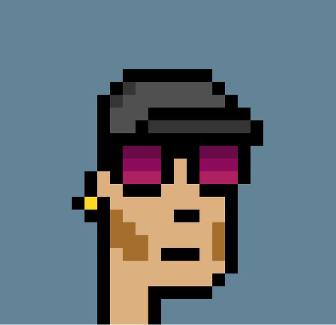 The image features a cartoon character with a hat, sunglasses, and a nose piercing. The character has a face that appears to be made of pixel art or a digital illustration. The background color of the image is blue, which contrasts with the character's face. There are no texts present in the image.