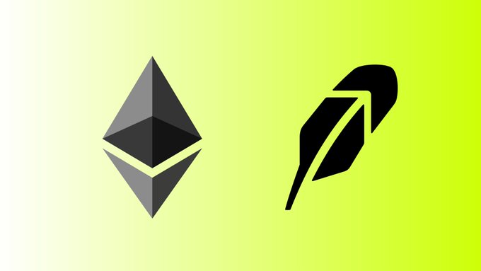 The image displays the Ethereum logo (a geometric diamond-like symbol in black and gray) alongside the Robinhood feather logo, both set against a light green-to-yellow gradient background. This visually represents the partnership or connection between Ethereum and Robinhood Chain mentioned in the post.