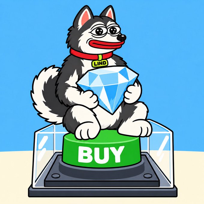 A cartoon illustration of a husky dog wearing a red collar with a 'LIND' tag, holding a large blue diamond while sitting on a green 'BUY' button inside a glass display case.