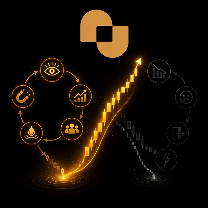 The image depicts two divergent market paths emanating from the "BTC" logo, with a glowing orange trajectory on the left showing rising candlesticks surrounded by cyclical icons (magnet/attraction, vision/eye, growth chart, people, and water/fuel) symbolizing attention, sentiment, and liquidity, while a fading gray path on the right shows declining price with negative icons (sad face, lightning/crash, exit). The visual illustrates the post's thesis on reflexivity: as BTC price breaks higher, it creates a self-reinforcing loop where price action itself generates attention, improves sentiment, attracts new buyers, deepens liquidity, and builds momentum—showing how the move creates the very narrative that sustains it.