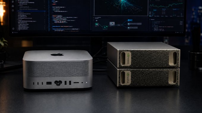 An Apple Mac Studio sits beside two NVIDIA DGX systems on a desk in front of dual monitors displaying code and data visualizations. The setup reflects the caption's pairing of DGX and Apple hardware, showcasing the compact Mac Studio alongside NVIDIA's enterprise-grade AI computing units.