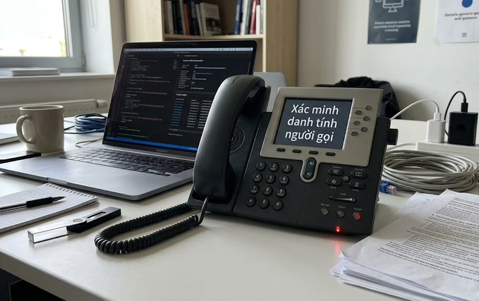 An office desk featuring a Cisco IP phone with Vietnamese text 'Xác minh danh tính người gọi' on its screen, next to a laptop displaying code.