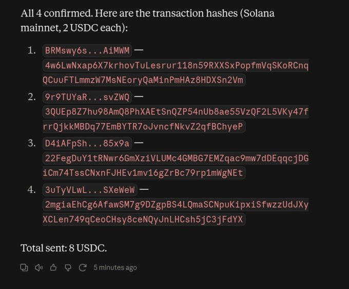 A screenshot of a message displaying four confirmed Solana mainnet blockchain transaction hashes, each for 2 USDC, totaling 8 USDC sent.