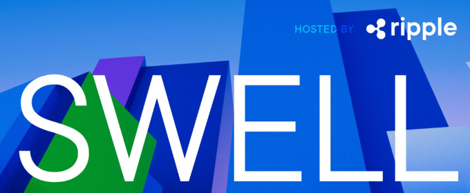 A promotional banner reading 'SWELL' in large white letters with 'HOSTED BY ripple' and the Ripple logo in the top right corner, set against a blue and purple geometric background.