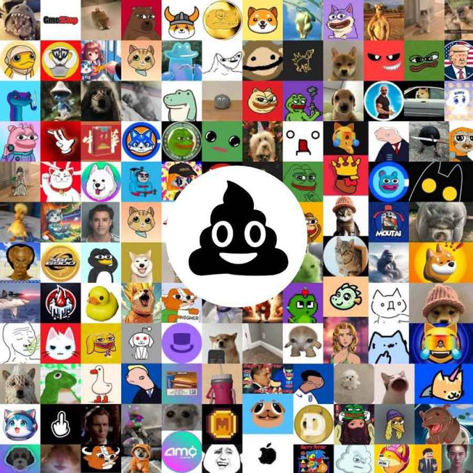 The image features a collage of various cartoon faces, including dogs, cats, and other animals, arranged in a grid-like pattern with a central black circle containing an o face surrounded by smaller circles representing different cartoon characters. The caption for this image reads "Day 142 of Hello/GM/What's up to @elonmusk until he acknowledges and mentions the real and OG #SHITCOIN @shitcoinverse CA: 42PZx7bPF1EMnP9L7vcjihTx7Nryxh81GG9Xs6fdpump Make #memecoin great again".