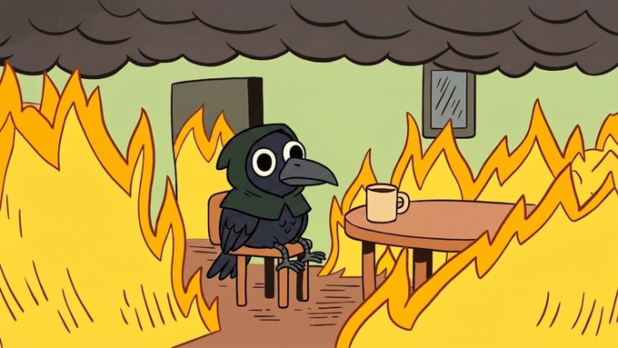 A cartoon illustration of a cloaked plague doctor with a beaked mask sitting calmly at a table with a coffee mug while engulfed in flames inside a room.
