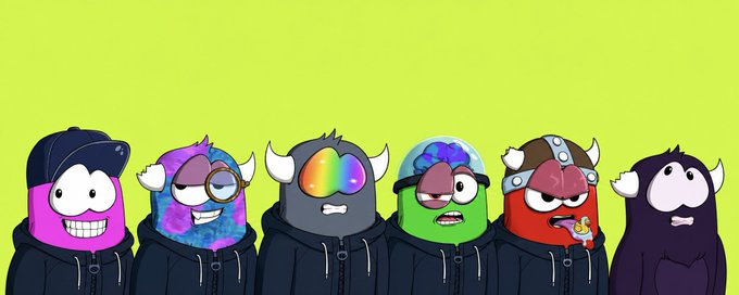 Six colorful, horned cartoon characters in black hoodies line up against a yellow-green background, representing the Peculiars NFT collection launching on Robinhood chain via OpenSea.